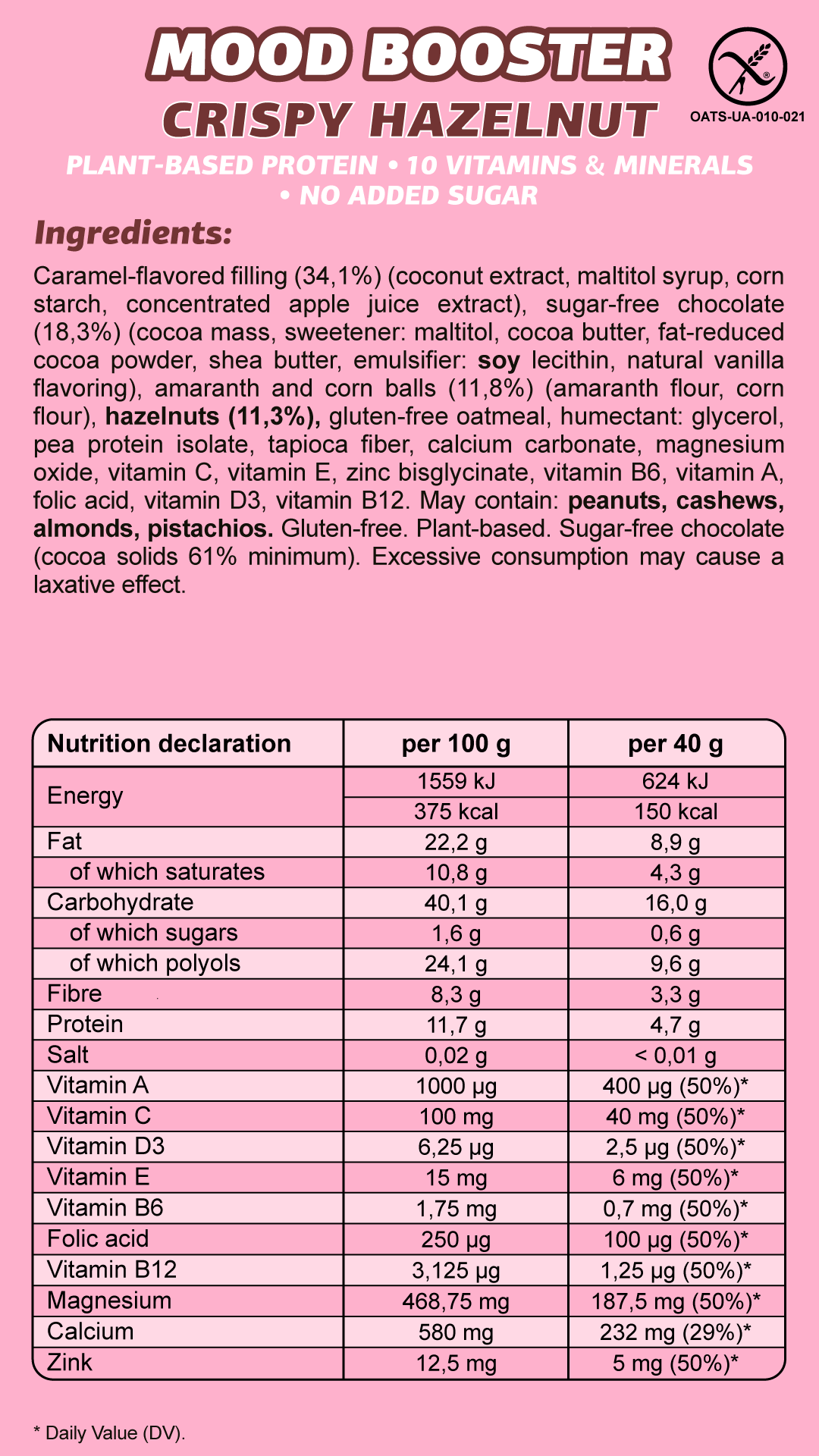 FIZI - Wholesale Snack Bar - MOOD BOOSTER "CRISPY HAZELNUT” 12 X 40G3