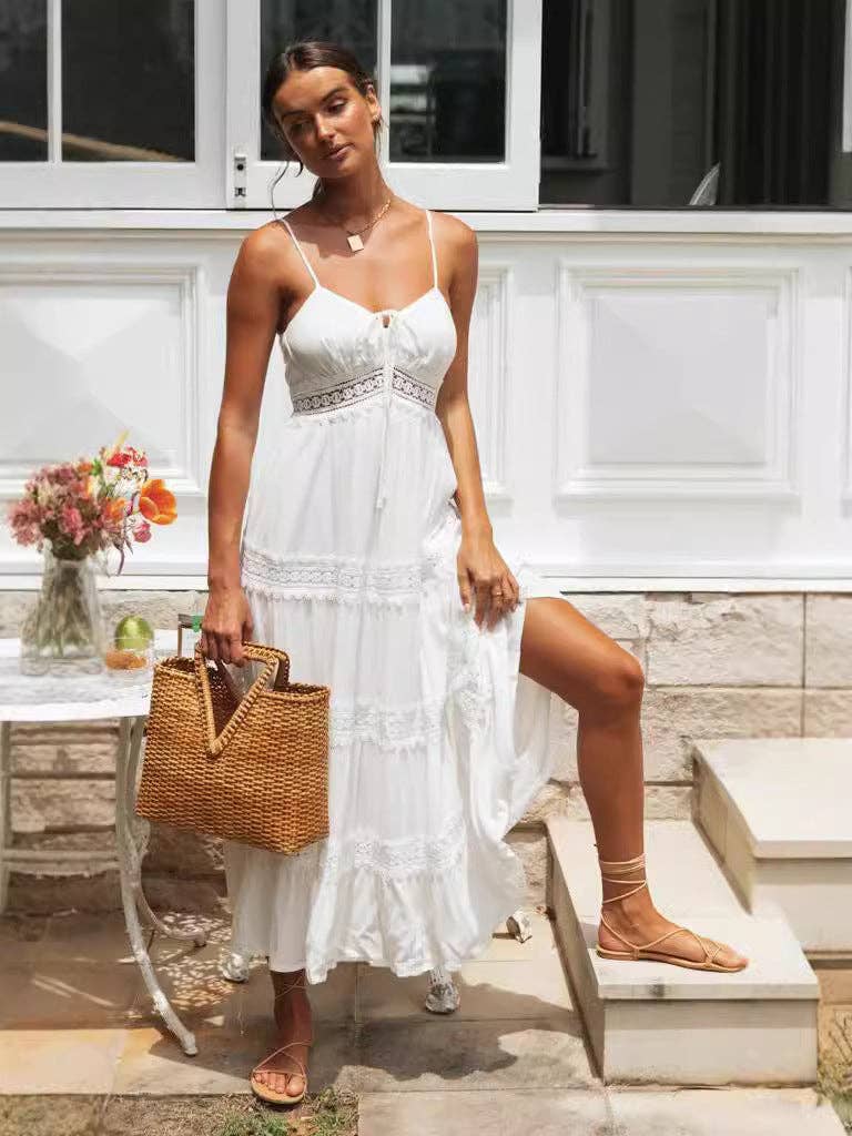 Vit Ny Boho Klänning för Kvinnor med Spetsdetaljer och Stor Slitskjol för wholesale på Faire2