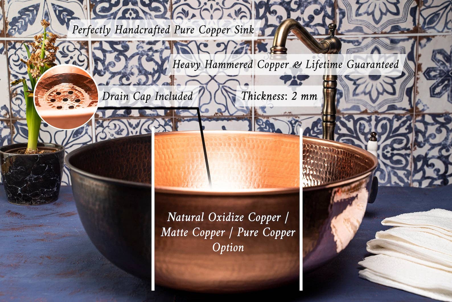 ALFIQ Copper - Wholesale Kitchen Appliance - Luxurious Hammered Copper Kitchen Vessel & Drop-in Sink | Single Bowl Solid Copper Washbasin Vanity Vessel *Drain Cap Included*3