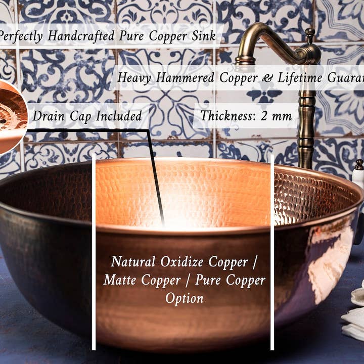 ALFIQ Copper - Wholesale Kitchen Appliance - Luxurious Hammered Copper Kitchen Vessel & Drop-in Sink | Single Bowl Solid Copper Washbasin Vanity Vessel *Drain Cap Included*3