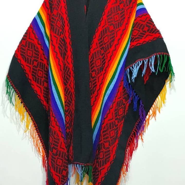 MODA LATINA - Wholesale Poncho - Women's - Red and rainbow Stripes Peruvian Poncho, Rustic Poncho, Peru1
