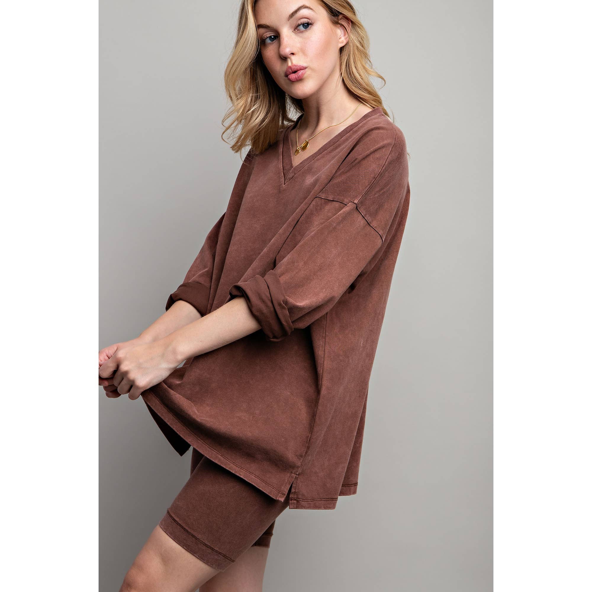 Sweet Generis - Wholesale Lounge Set - Women's - COTTON MINIERAL WASHED OVERSIZE TOP WITH CASUAL BIKER SHORT 11