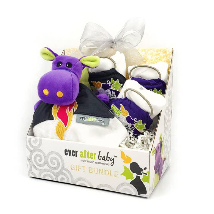 Welcome New Baby Gift Set - Toy, Book & Burp Cloths Purple for wholesale by Ever After Baby