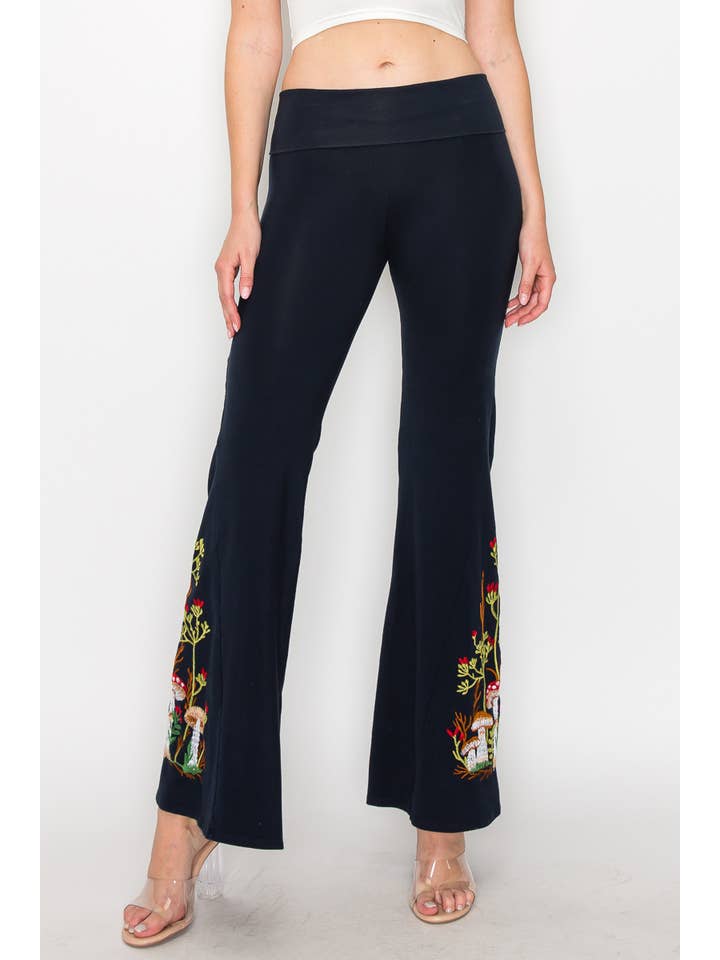 T-Party - Wholesale Pants - Women's - Mushroom Embroidery Foldover Waist Flare Leg Pants4