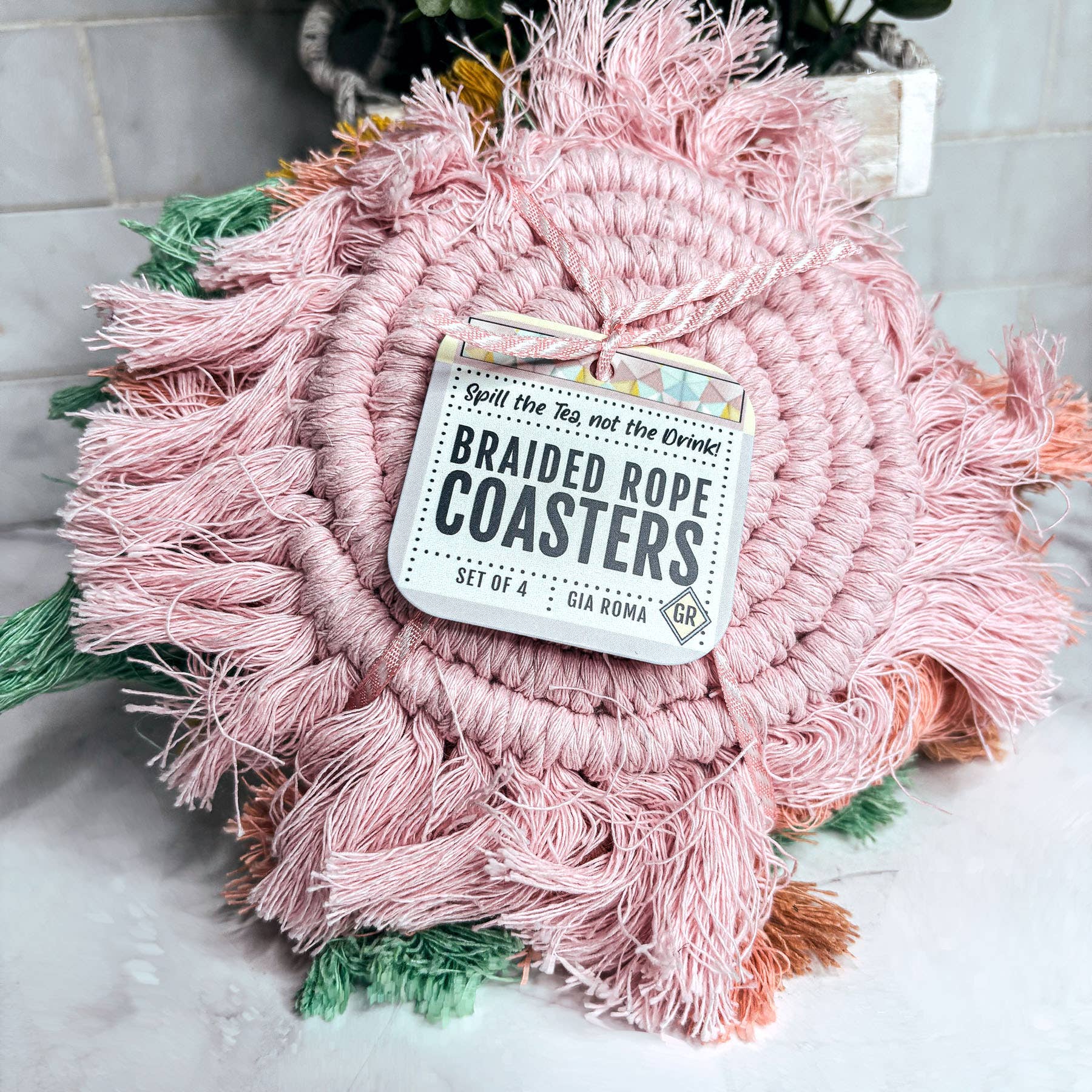 Gia Roma – Objeto de mesa decorativo por atacado – Porta-copos de algodão com tassel em tons pastéis, decoração de mesa para primavera e Páscoa30