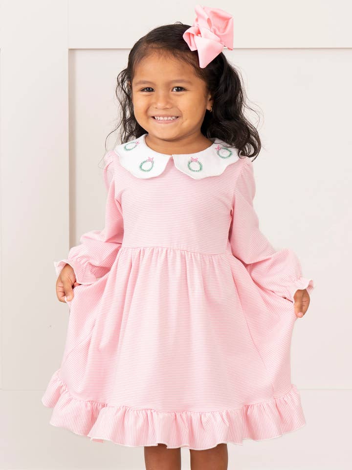 Marie Nicole Clothing - Wholesale Dress - Kids - Pink Holiday Wreath Scallop Collar Dress1