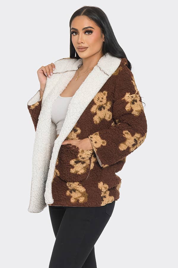 Lime All the Time - Wholesale Jacket - Women's - Teddy Bear Pattern Fluffy Fuzzy Fur Hoodie Jacket9