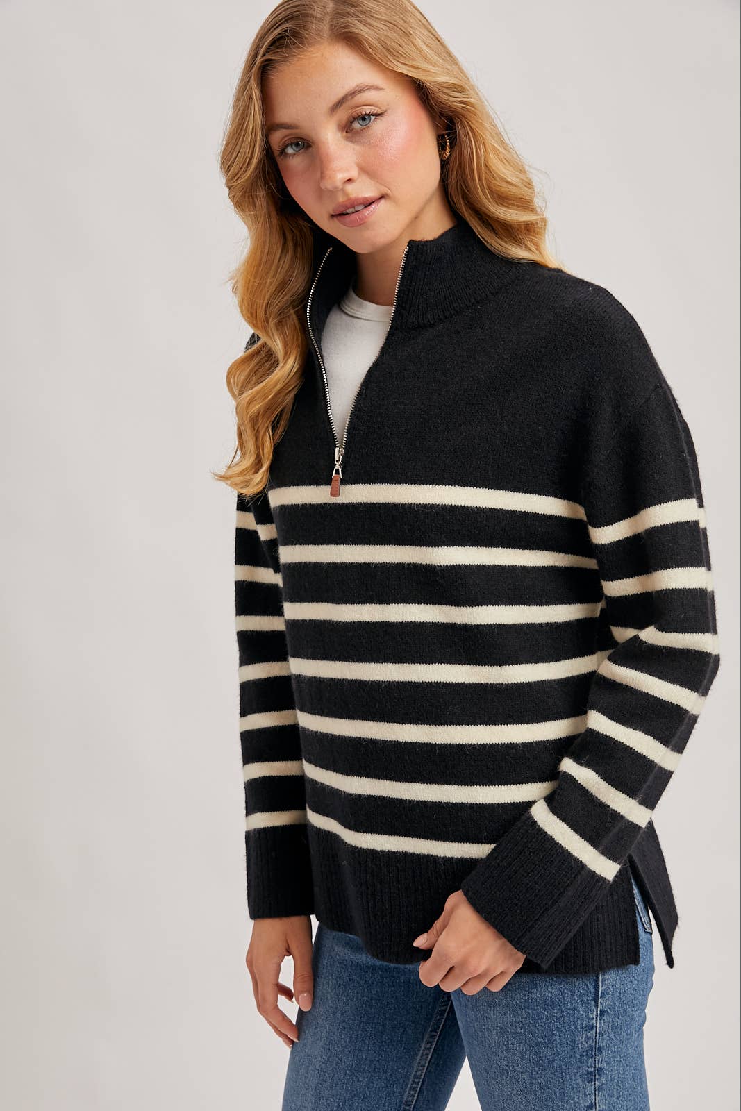 Bluivy - Wholesale Knit Sweater - Women's - QUARTER ZIP UP STRIPE SWEATER PULLOVER3