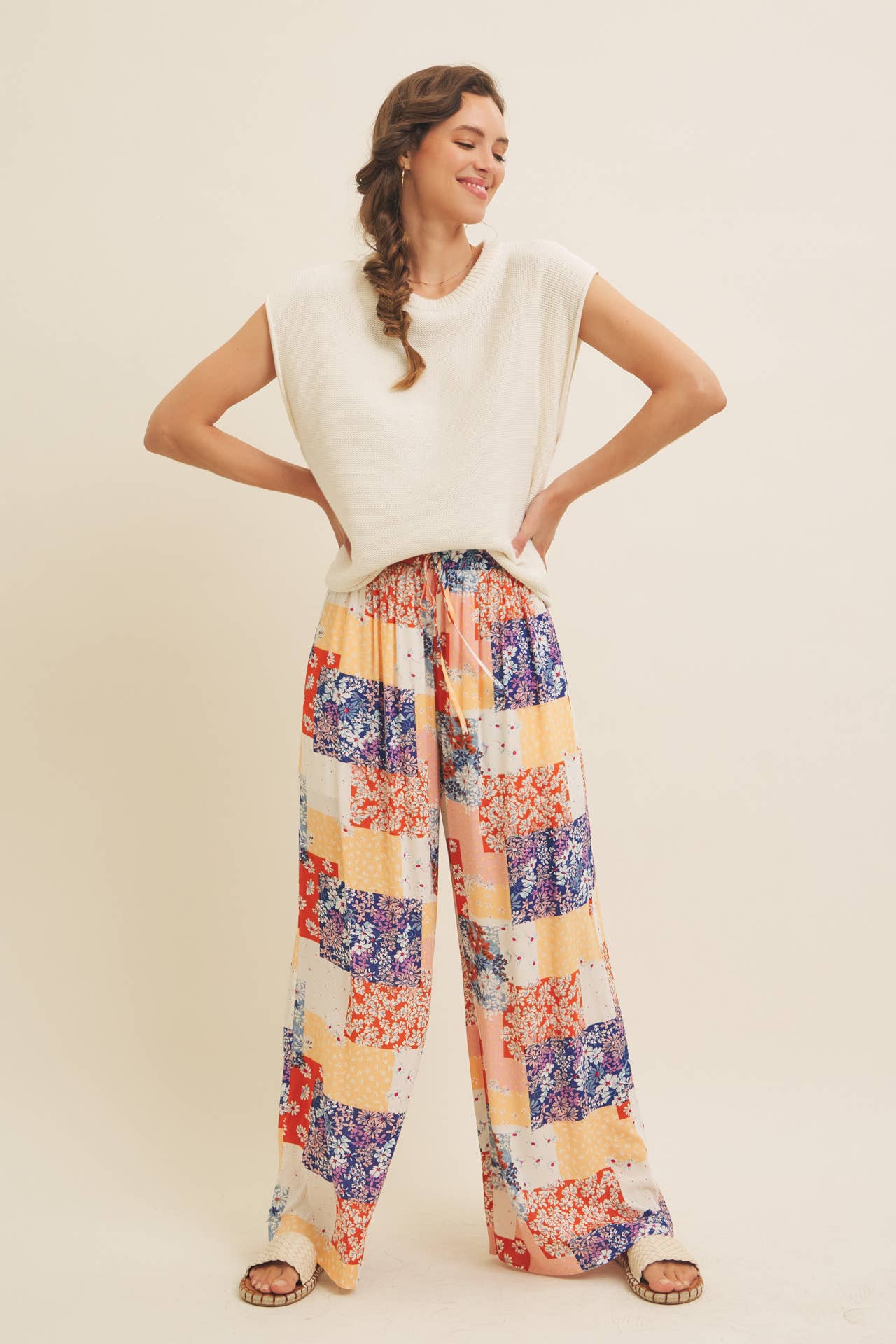 DENIM MULTI SOFT RAYON GAUZE FLORAL PATCHWORK WIDE LEG PANTS WITH POCKET for wholesale on Faire7