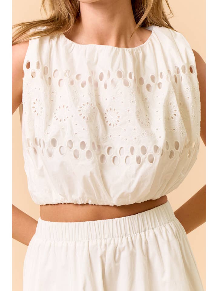 Lalavon - Wholesale Blouse - Women's - ILT4961 EMBROIDERED FLORAL EYELET ELASTIC DETAIL TOP