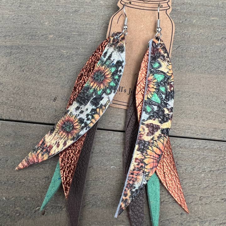 Jill's Jewels - Wholesale Tassel Earrings - SUNFLOWER LEOPARD WESTERN STACKED FRINGE FEATHER EARRINGS1
