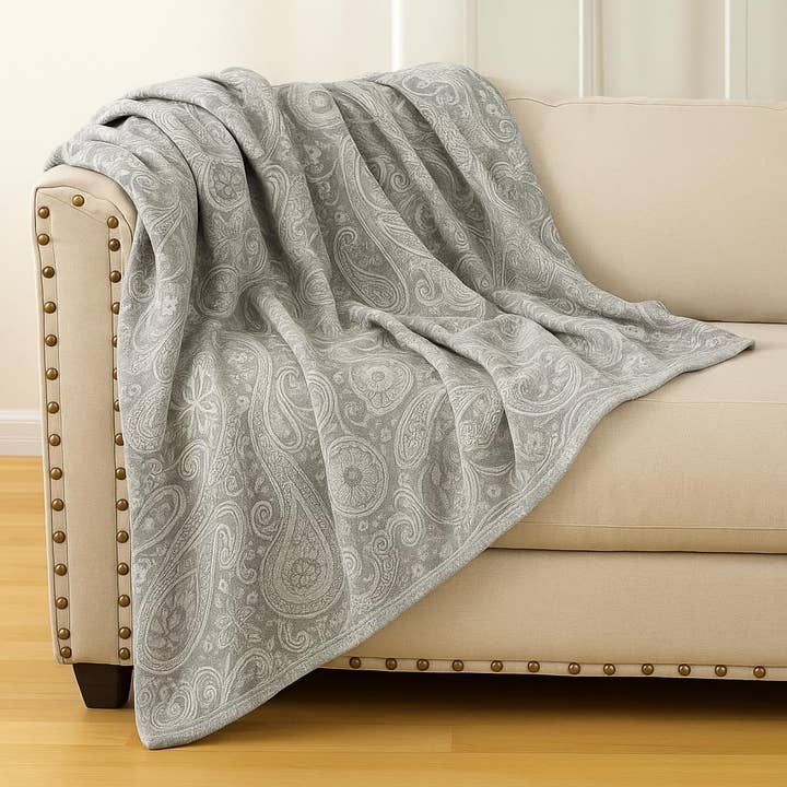 Grey Paisley Jacquard Wool Blend Throw Blanket - 50"x60" for wholesale by Fennco Styles