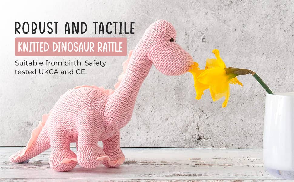 Best Years Ltd – wholesale Handheld rattle – Baby – Knitted Organic Cotton Pink Diplodocus Dinosaur Baby Rattle10