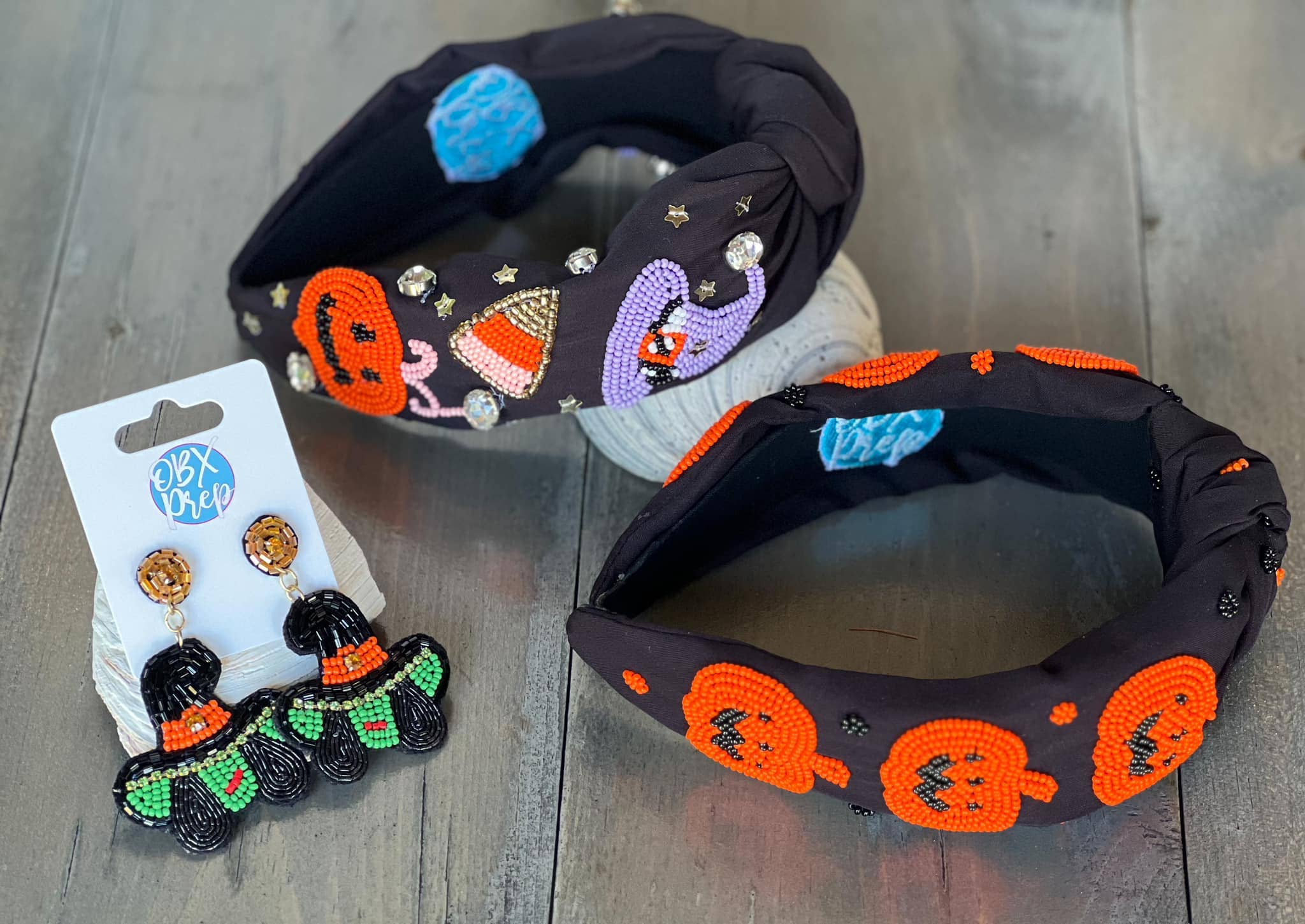 OBX Prep – wholesale Pannband - Dam – Jack O' Lantern Pumpkin Top Knot Beaded Handgjort pannband4