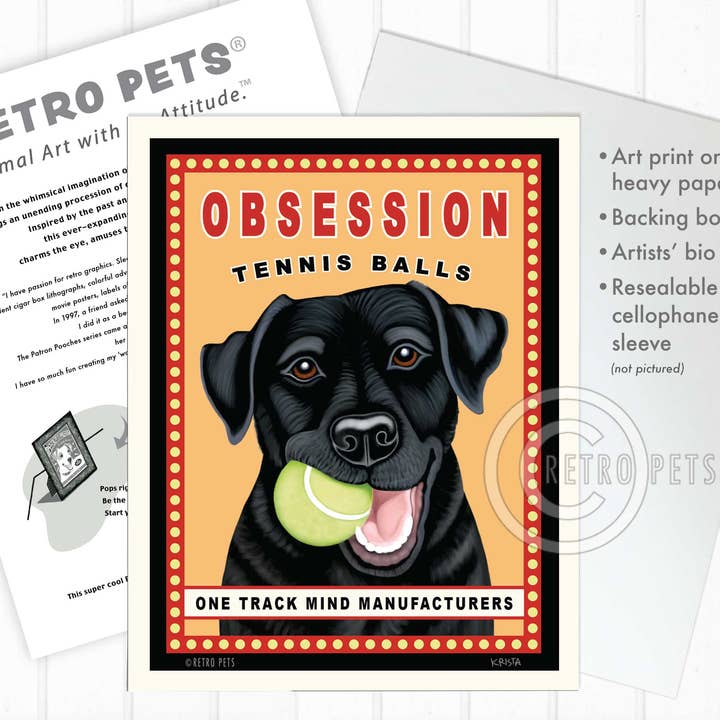 Retro Pets - Wholesale Art Print - HP-109 8x10 Print, Labrador "Obsession Tennis" Black2