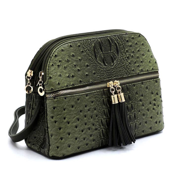 OS050 Ostrich Zip Tassel Multi Compartment Crossbody Bag for wholesale by M&M HANDBAGS, LLC.