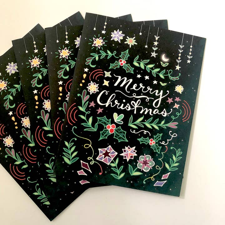 Cynla - Wholesale Christmas Card - BOX of 8 Merry Christmas Card - holiday cards, holly xmas1