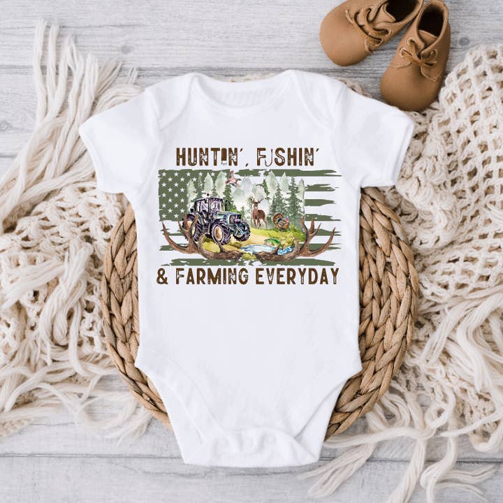 Hunting Fishing Farming Everyday Green Tractor Baby Onesie for wholesale by AvaryMaeInspirations
