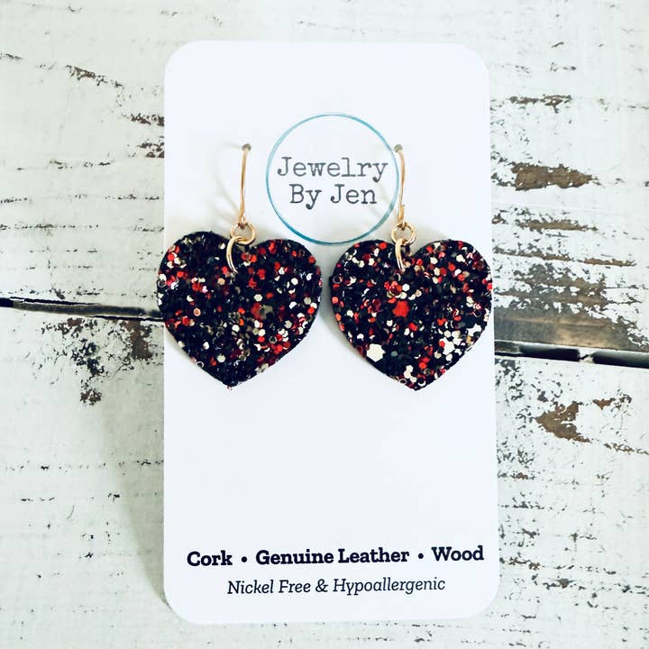 Pendientes de Corazón (Pequeños): Purpurina Roja/Dorada/Negra para venta al por mayor de Jewelry By Jen