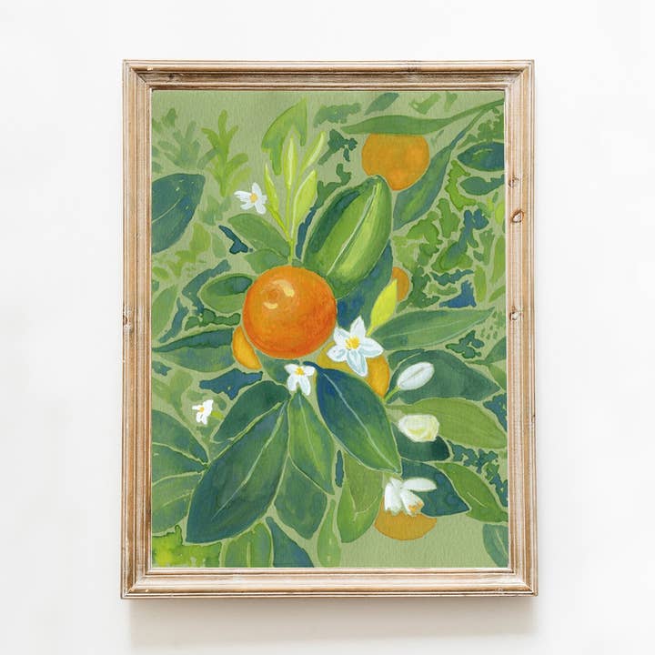 Orange Blossoms on Green Watercolor Art Print for wholesale by Studio C Paper