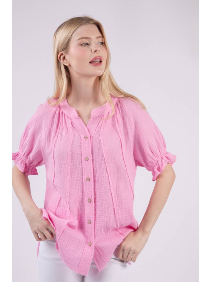 VERY J - Wholesale Button Down Shirt - Women's - NT11453-Puff Sleeve Cotton Gauze Shirts Blouse Top
