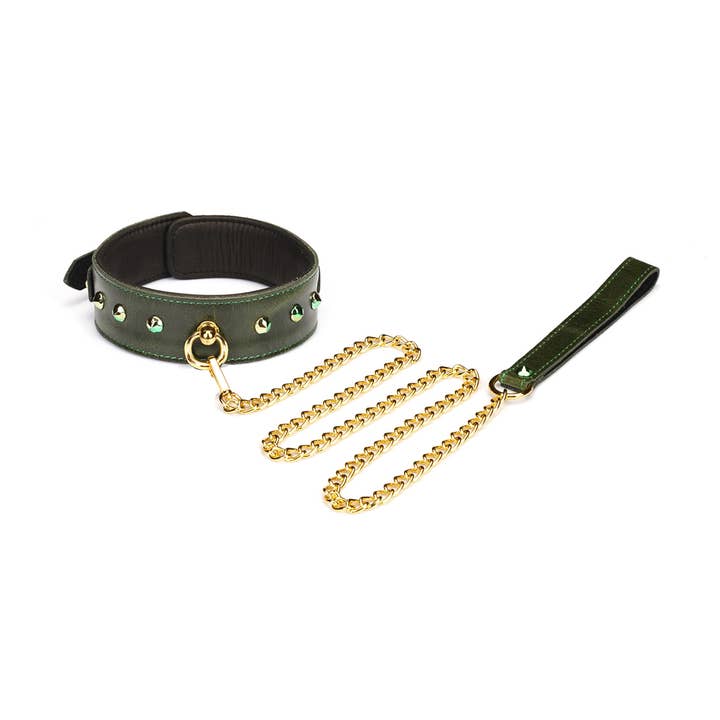 Collare O-ring in pelle verde di lusso con rivetti verdi per la vendita all'ingrosso da parte di Liebe Seele