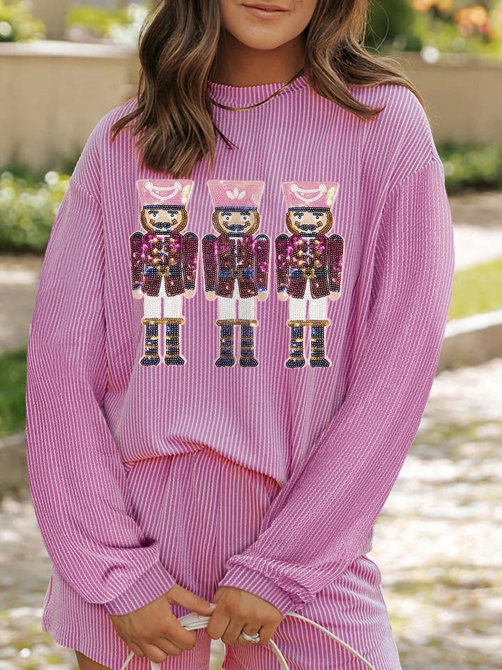 Phalaenopsis Sequin Nutcracker Patched Long Sleeve Corded Christmas Shorts Set for wholesale by Suhkasana