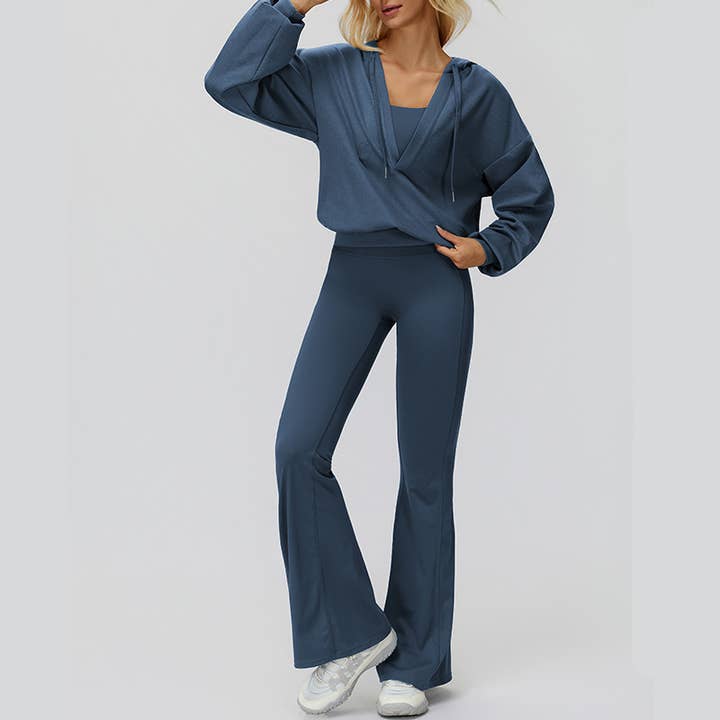 WONDERXFANS – wholesale Activewear set – Women′s – V-neck jacket+Sports tank top+High-waisted pleated back pant14