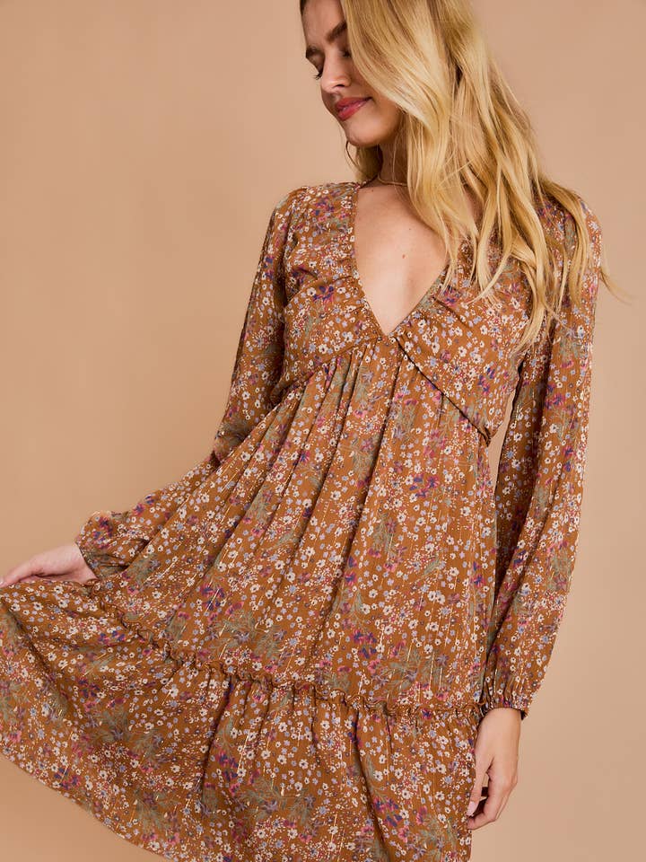 LONG SLEEVE V-NECK SHIRRING FLORAL PRINT DRESS for wholesale by GILLI
