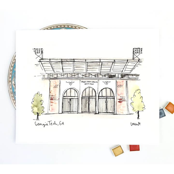Arte de parede da galeria de impressão em aquarela do Georgia Tech Stadium por atacado de Messy Heart Studio