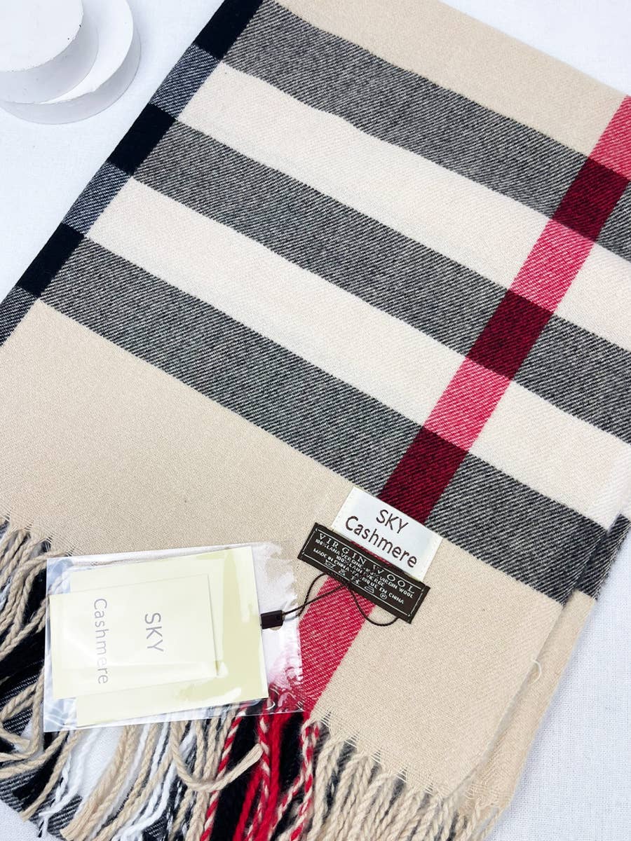 Beige Plaid Cashmere Scarf With Tassel for wholesale on Faire4