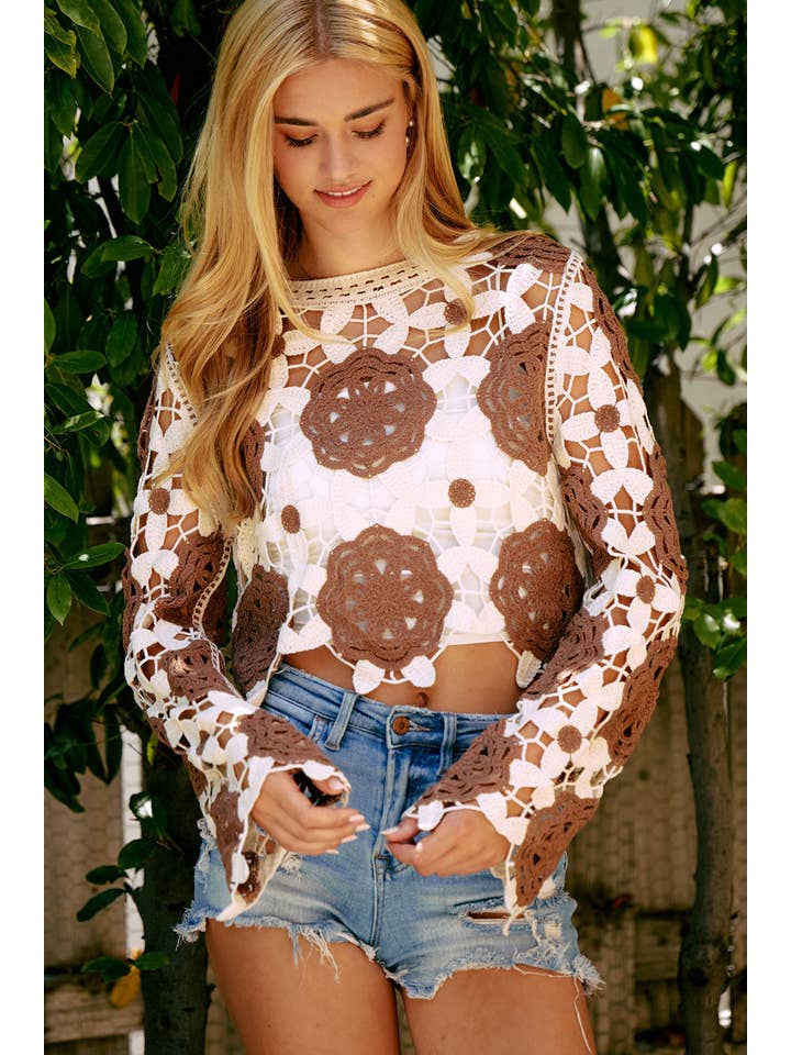 CREAM TAUPE Crochet Flower pattern Pullover for wholesale on Faire