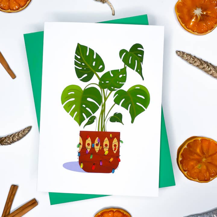 Carte Lumières de Noël Monstera pour la vente par Stone Donut Design, LLC