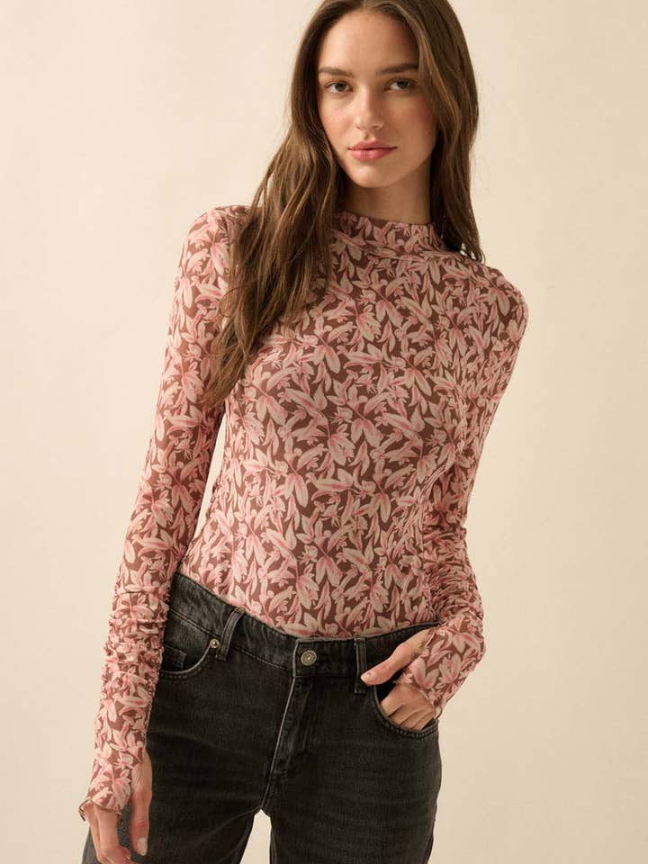 Floral-Print Mesh Mock-Neck Thumbhole Bodysuit for wholesale by Promesa USA