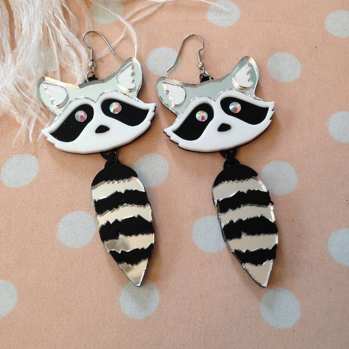 Raccoon Heads And Tails Earrings, Laser Cut Acrylic, Plastic Jewelry for wholesale by I'm Your Present