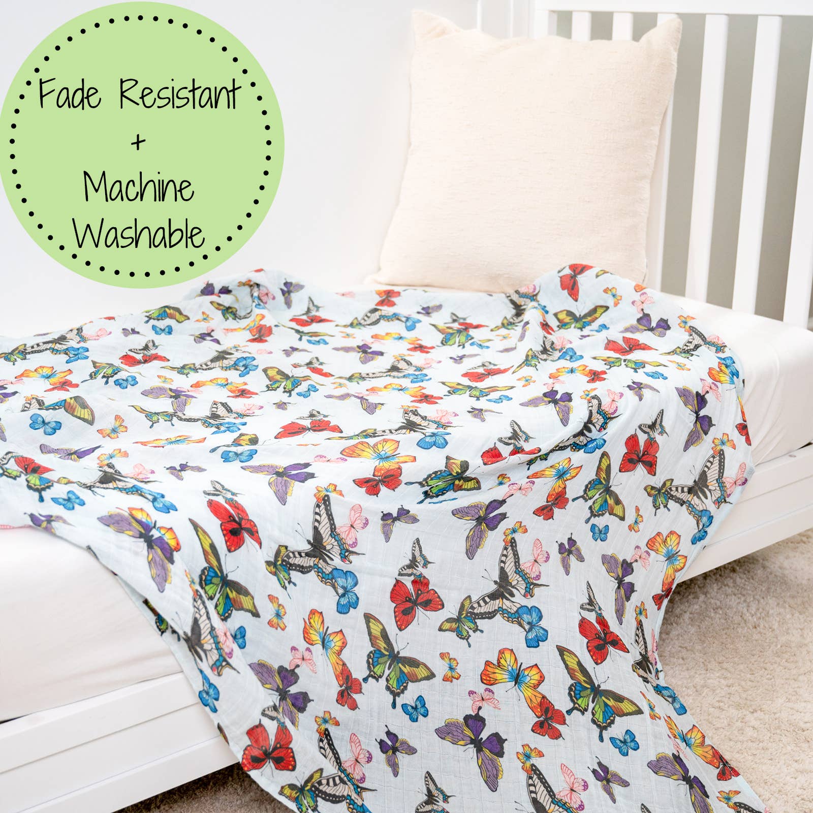 LollyBanks – Engroshandel Svøb - Baby – Sommerfugle Væk Baby Musselin Svøbetæppe4