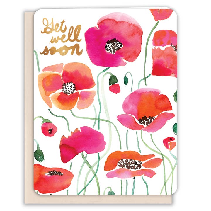 Get Well Watercolor Poppies Card for wholesale by Paper Loop | Hand-Painted Greeting Cards