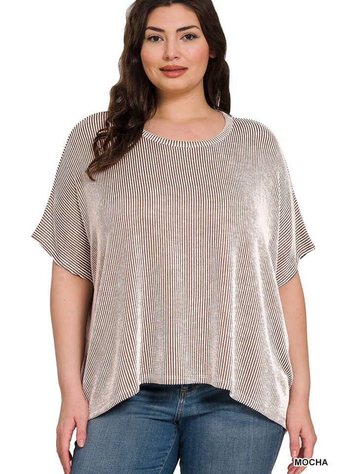 42POPS - Wholesale Knit Top - Women's - `.Plus size Ribbed Striped Oversized Short Slee9