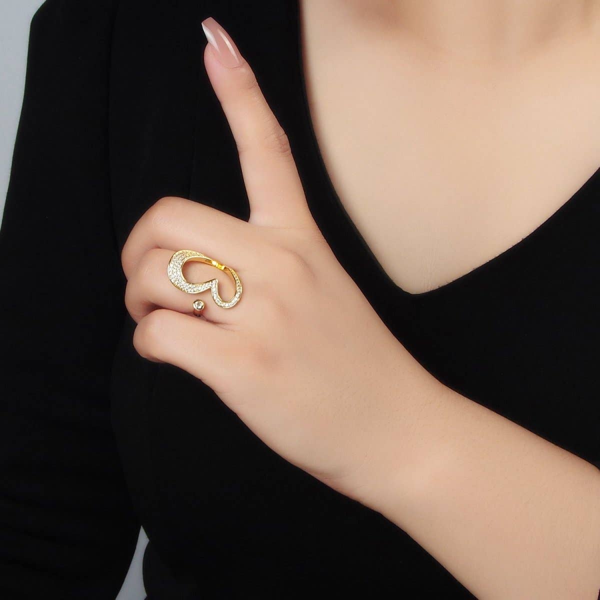 Aim Eternal - Wholesale Band/Stacked Ring - 24K Gold Filled Micro Paved CZ Sideway Open Heart Ring | O14121