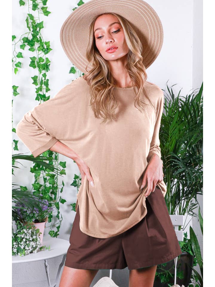 Vine & Love - Wholesale Knit Top - Women's - Crew Neck 3/4 Roll-Up Sleeve Cupro Knit Top VT81810