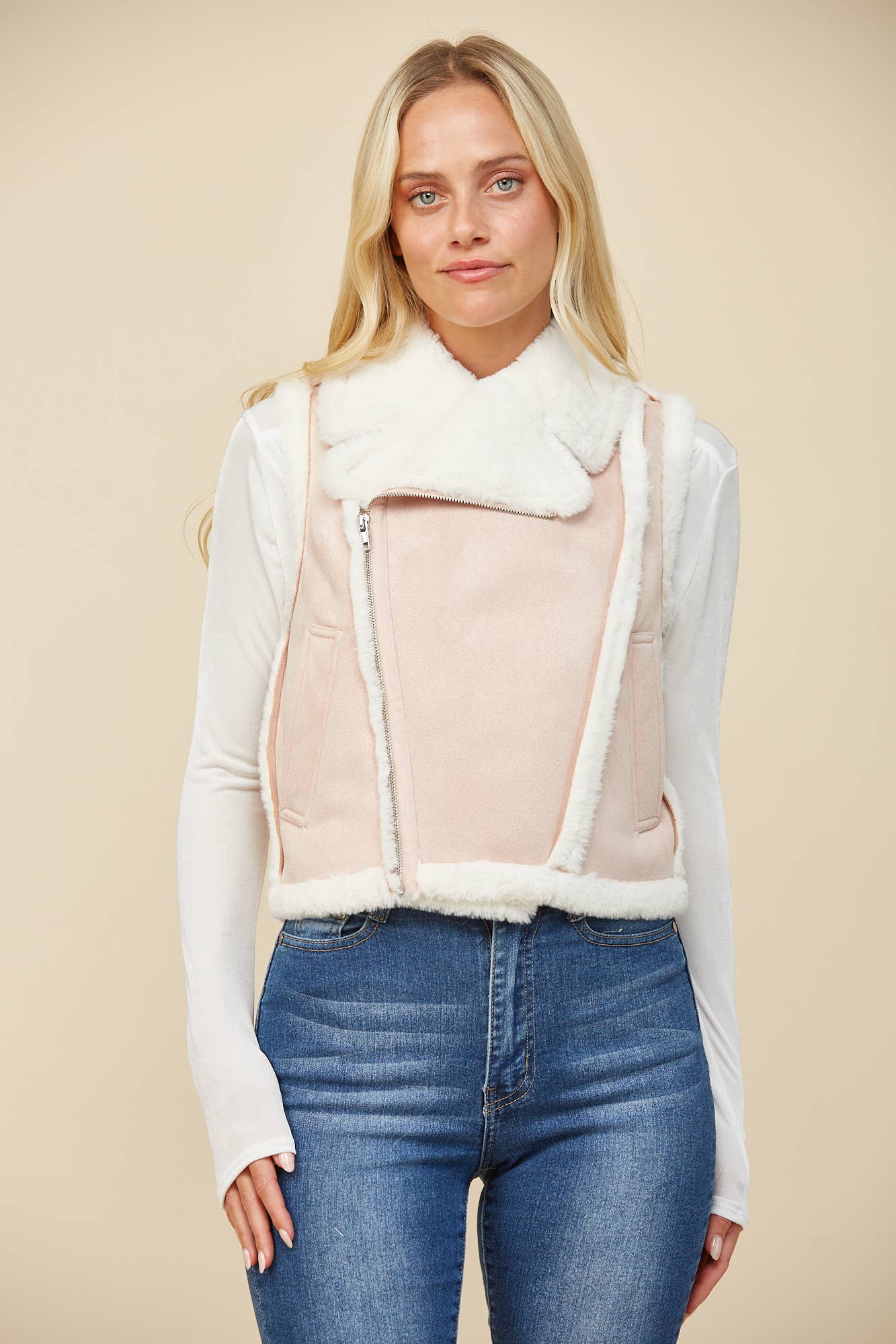 WISTERIA LANE - Vente Veste sans manches – femme - GILET EN PEAU DE MOUTON CONTRASTÉE 6433 BLUSH11