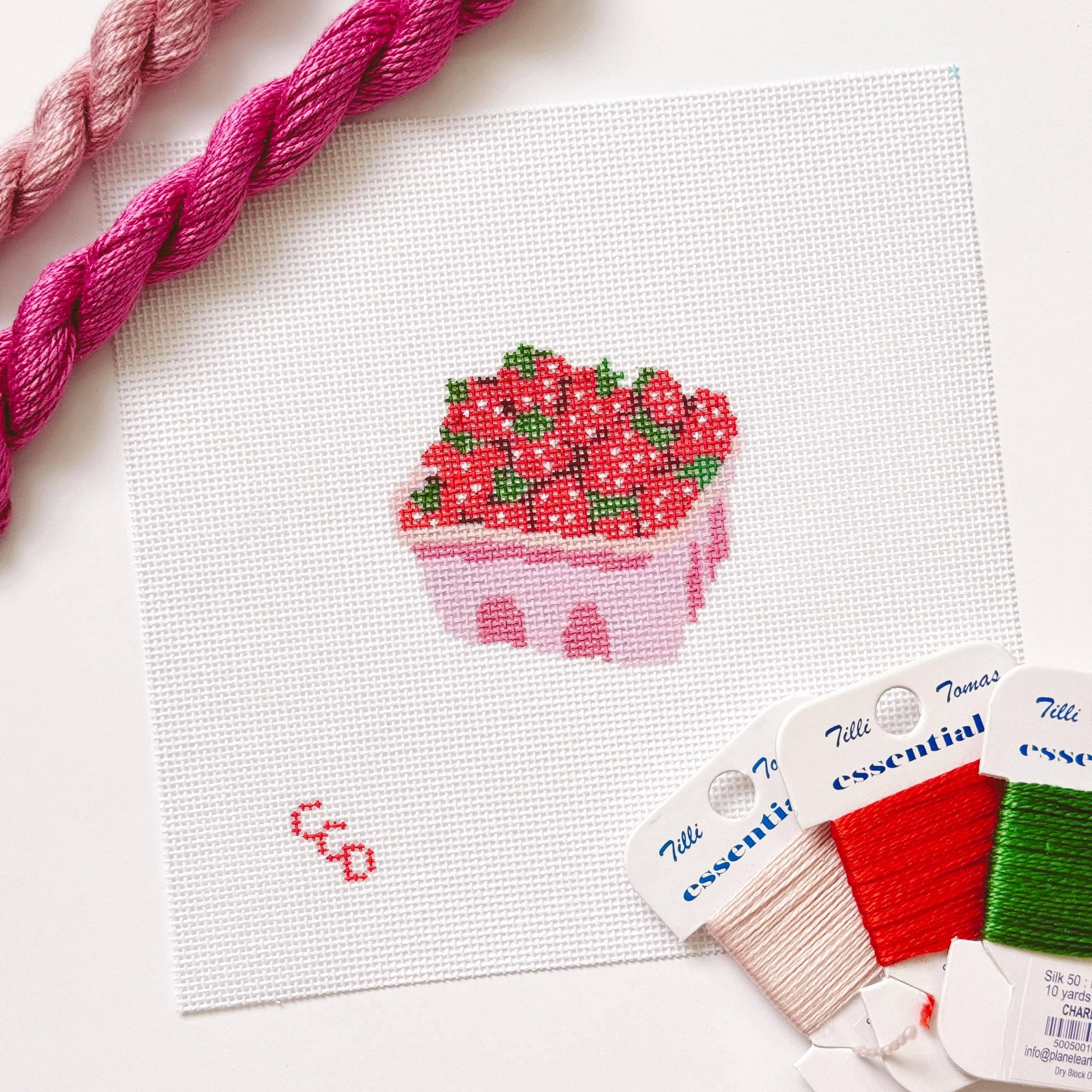 Cotswold Co Designs - Wholesale Embroidery/Cross Stitch Supplies - Strawberry Basket Needlepoint Canvas 18 Mesh 4” Design, Summer Strawberries Needlepoint Canvas modern Hand Painted3