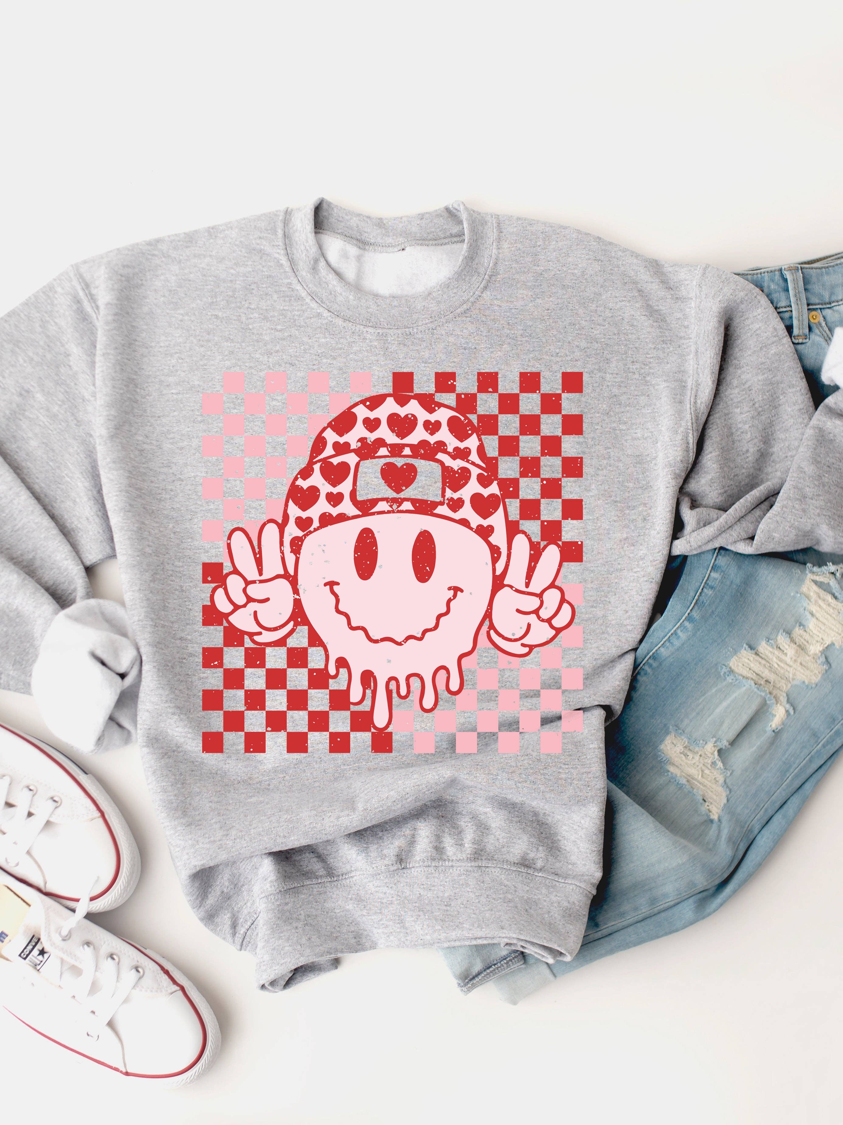 Tickled Teal – wholesale Graphic sweatshirt – Women’s – Checker Valentine Smiley Face Graphic Sweatshirt3