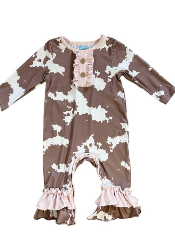 Brown Cowprint LS Romper, Sizes 0-2T for wholesale by Shea Baby