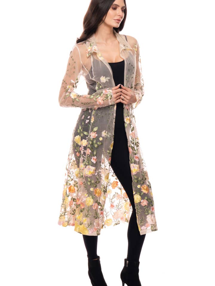 T417-Y Bloemen Geborduurde Transparante Duster Jas voor wholesale door Adore