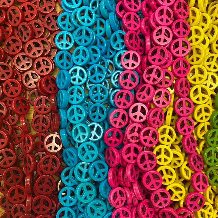 The Bead Bazaar - Wholesale Beads - 26 Colorful Peace Sign Beads, Bright Peace Sign Accent Beads, Teal Peace Sign Spacer Beads, Kids DIY Jewelry, Blue Peace Sign Bead For Beading