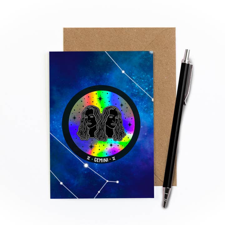 Gemini Birthday Sticker Greetings Card for wholesale by Amy Illustrates