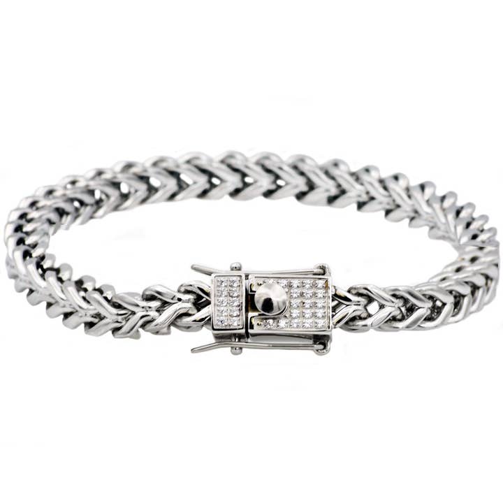 Men's Stainless Steel Franco Link Chain Bracelet With Cubic Zirconia Box Clasp for wholesale by Blackjack Mens Jewelry
