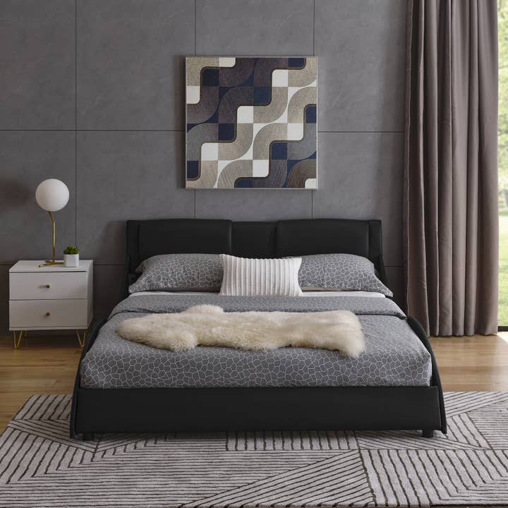 Black Modern Faux Leather Queen Bed Frame with Wave-Like Headboard for wholesale on Faire