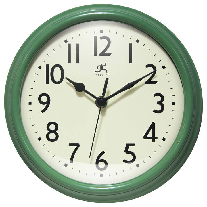 Infinity Instruments - Wholesale Wall Clock - Midcentury/Modern Round Green Wall Clock 9.5 Inch